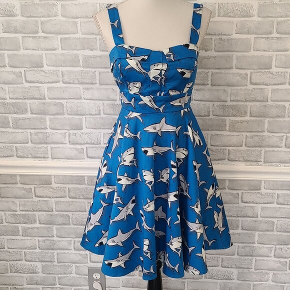 Eva Rose Retro Rockabilly Swing Dress Shark Print Aline Whimsical Nautical Small - Picture 1 of 9